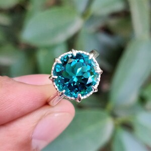 925 Sterling Silver Ring Blue Paraiba Tourmaline Ring 10mm Round Paraiba Tourmaline Color Ring Prong Ring Stylish Ring Ring For Her image 9