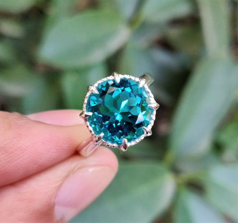 925 Sterling Silver Ring Blue Paraiba Tourmaline Ring 10mm Round Paraiba Tourmaline Color Ring Prong Ring Stylish Ring Ring For Her image 9