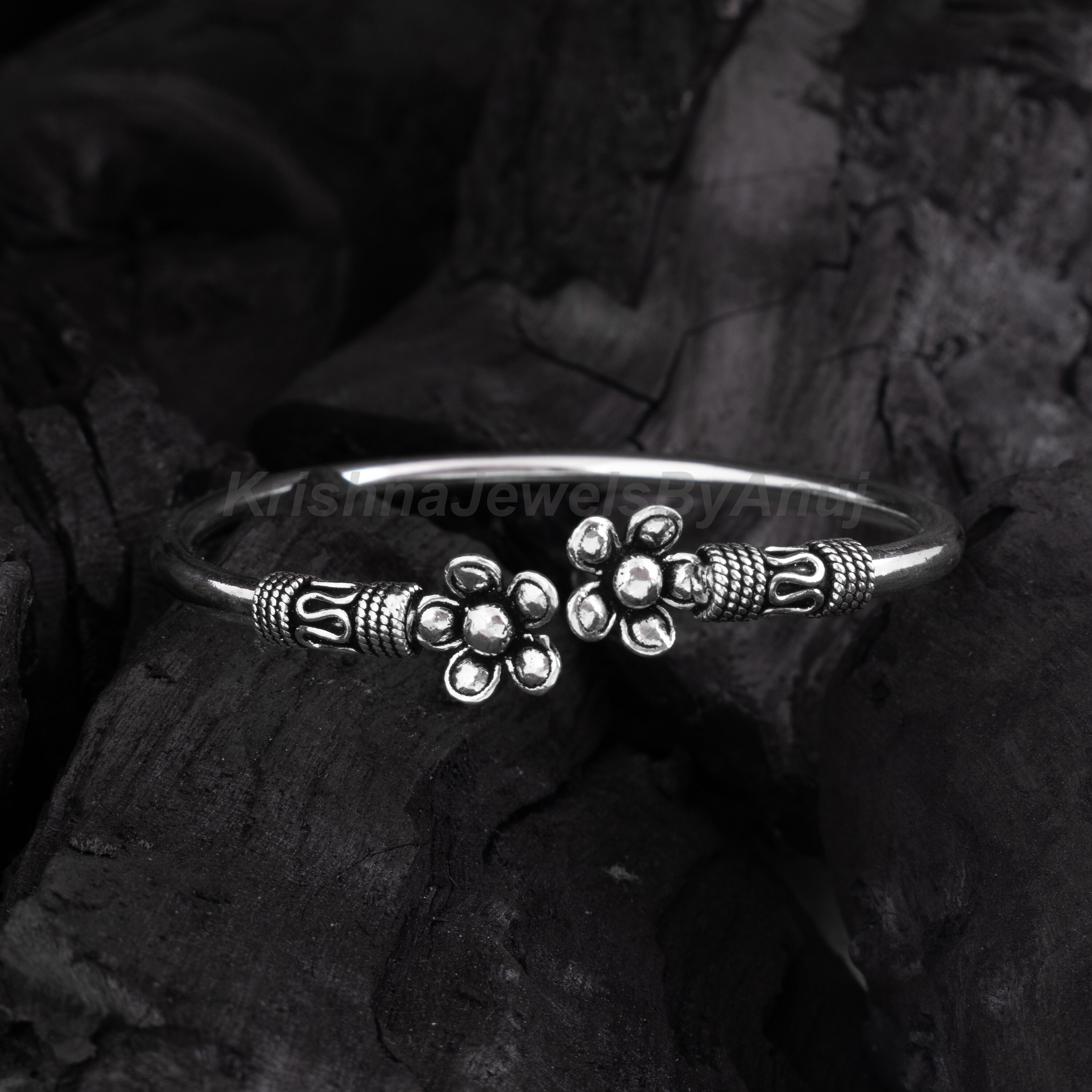 Gorgeous Flower Silver Bangle - 925 Sterling Silver Bangle - Size