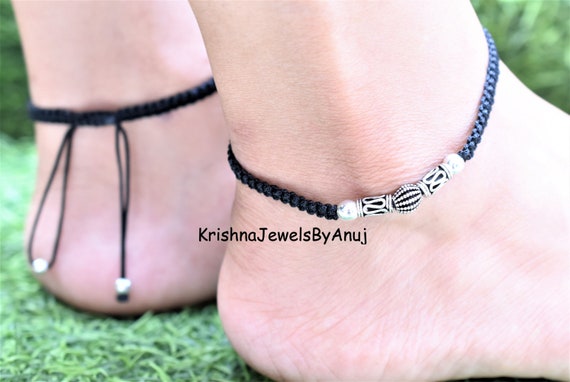 Silver Anklet 925 Sterling Silver Thread Anklet Black Thread Beaded Anklet  Adjustable Anklet Braided Nazariya Anklet Feet Jewelry 