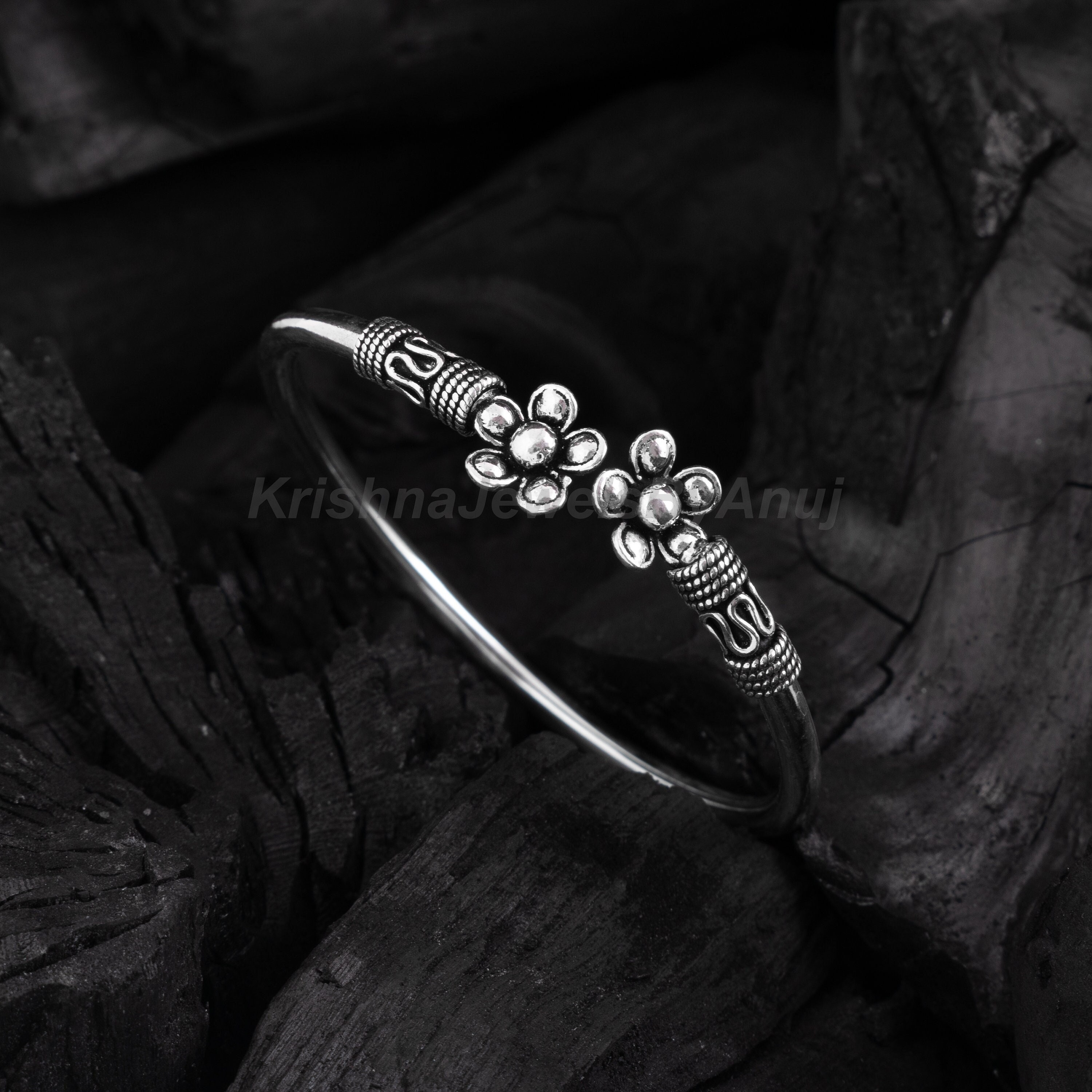 Gorgeous Flower Silver Bangle - 925 Sterling Silver Bangle - Size