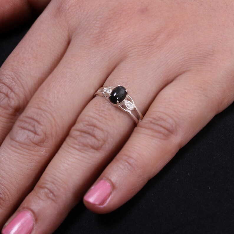 Natural Black Star Ring prong Ring- GR -140 Midi Ring -Promise Ring 925 Sterling Silver -Size 4 To 11 US All Sizes Ava- Statement Ring