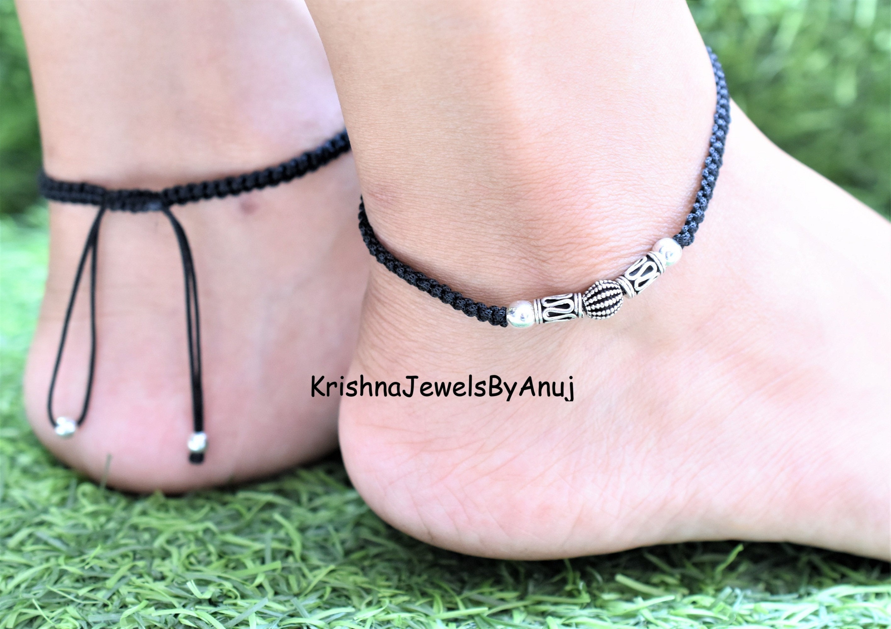 Nazaria Black Thread Anklet With Silver Beads