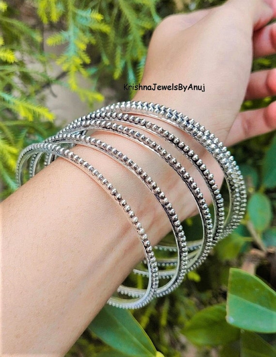 Fabulous Beaded Stacking Silver Bangle Pair - 925 Sterling Fabulous Beaded Stacking Silver Bangle Pair - 925 Sterling