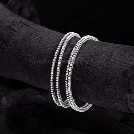 Fabulous Beaded Stacking Silver Bangle Pair - 925 Sterling Fabulous Beaded Stacking Silver Bangle Pair - 925 Sterling