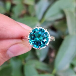 925 Sterling Silver Ring Blue Paraiba Tourmaline Ring 10mm Round Paraiba Tourmaline Color Ring Prong Ring Stylish Ring Ring For Her image 3