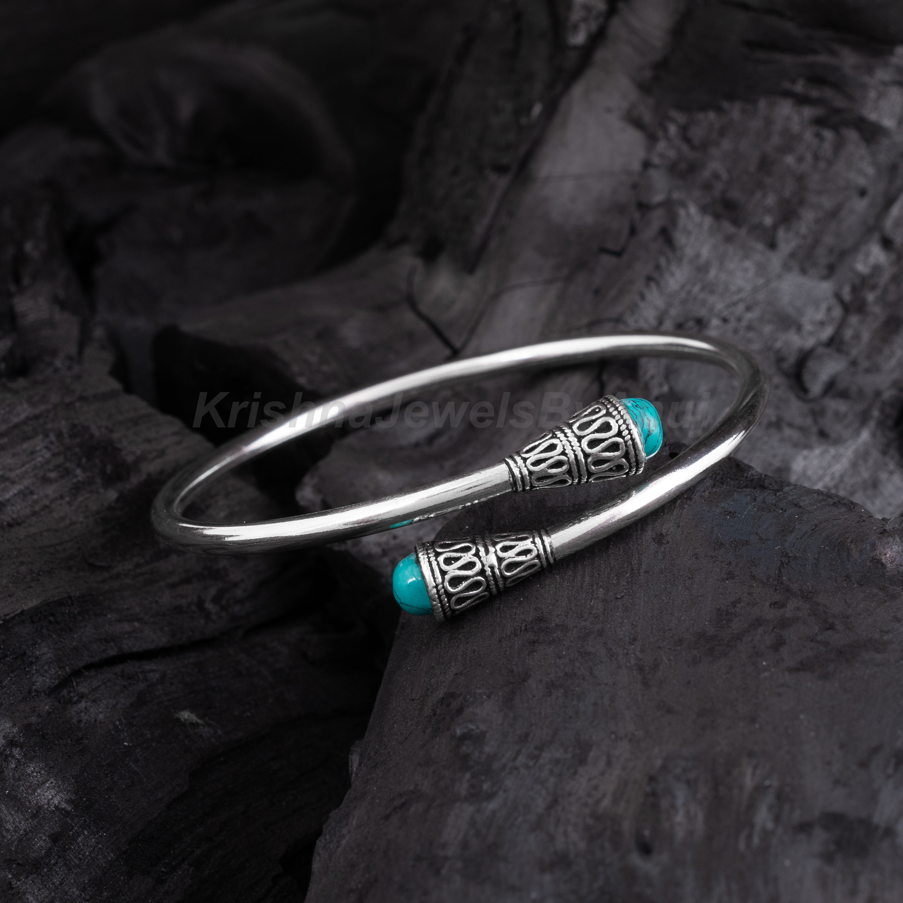 アクセサリー Indian Jewelry Silver Turquoise Bangle 925 Solid Sterling Silver Bracelet - Size 2.4 Inches (inside