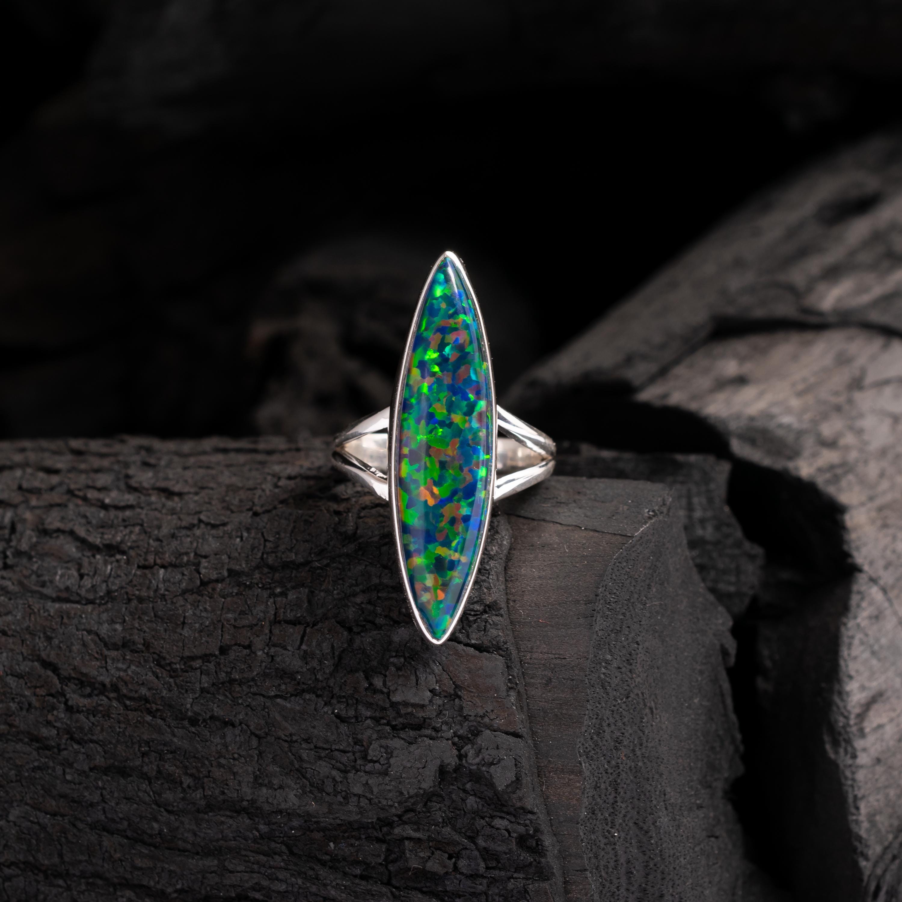 Beautiful Handmade Black Opal Ring - 925 Solid Sterling Silver Ring - Long Marquise Ring - Black Opal Jewelry - Unique Colorful Opal Ring
