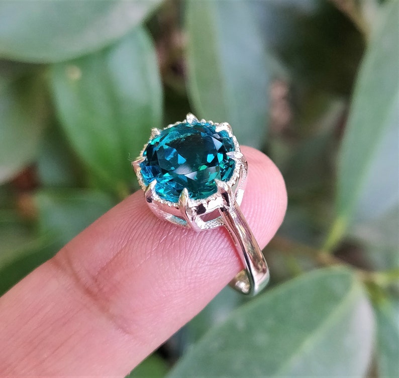 925 Sterling Silver Ring Blue Paraiba Tourmaline Ring 10mm Round Paraiba Tourmaline Color Ring Prong Ring Stylish Ring Ring For Her image 10