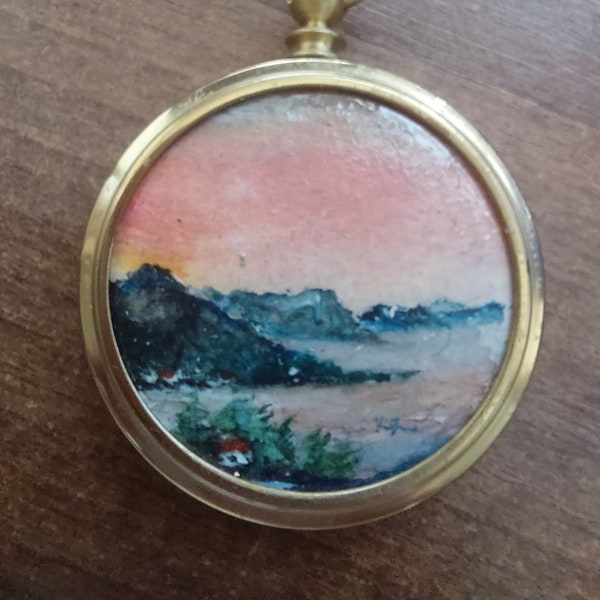 Vintage Miniature Landscape Scene Painting By K Ritchie? Trinket Box Locket Pendant Keepsake