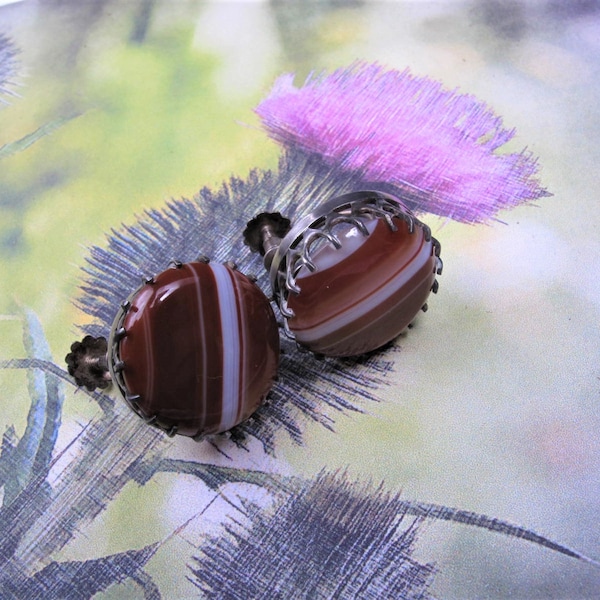 Antique Silver Scottish Banded Agate Clip On Screw Back Earrings  Scottish Gift Birthday Wedding Celtic