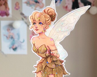 Fairy sticker, Pixie Hollow, sparkle glitter vinyl, fantasy art, Tink