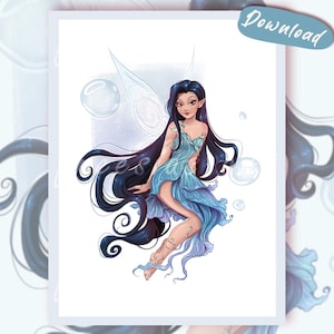 Könnte beinhalten: Eine digitale Illustration einer Fee mit langem dunklem Haar und spitzen Ohren, die ein blaues, mehrlagiges Kleid trägt. Die Figur hat durchscheinende Flügel und ist von schwebenden Blasen umgeben. Das Wort Download steht in einem blauen Oval oben rechts.