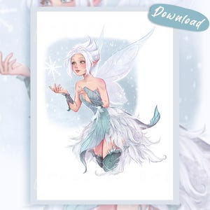 Könnte beinhalten: Eine digitale Illustration einer weißhaarigen Fee mit spitzen Ohren und durchscheinenden Flügeln. Die Figur trägt ein hellblau-weißes, geschichtetes Outfit mit Federakzenten und hält einen leuchtenden Stern in der Hand. Das Wort Download ist zu sehen.