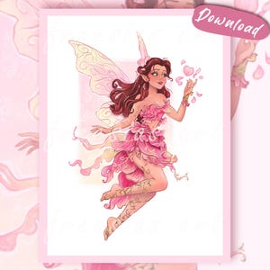 Könnte beinhalten: Eine digitale Illustration einer Fee mit langem braunem Haar, die ein Outfit aus rosa Blütenblättern und durchscheinende Flügel trägt. Die Figur ist von schwebenden rosa Blütenblättern umgeben, mit rankenartigen Mustern auf den Beinen und dem Wort Download.