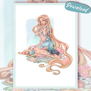 Könnte beinhalten: Eine digitale Illustration einer Figur mit langem, fließendem blonden Haar, die ein hellblaues, gerüschtes Kleidungsstück trägt und inmitten von rosa Lotusblüten und grünen Seerosen kniet. Das Bild zeigt sanfte Pastellfarben und das Wort Download.