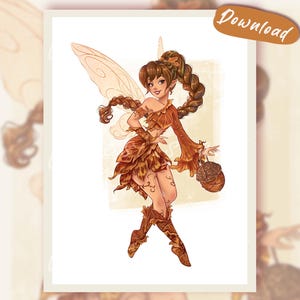Könnte beinhalten: Eine digitale Illustration einer Fee mit braunem Haar in einem langen Zopf, die ein Outfit aus Herbstblättern in Orange- und Brauntönen trägt. Die Fee hat durchscheinende Flügel, rankenartige Muster auf den Beinen und trägt einen kleinen Eichelkorb.
