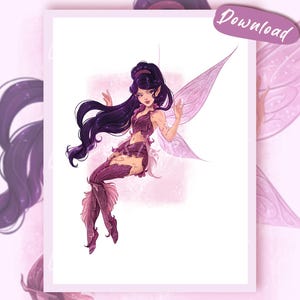 Könnte beinhalten: Eine digitale Illustration einer Fee mit langem, dunkelviolettem Haar, spitzen Ohren und durchscheinenden rosa Flügeln. Die Figur trägt ein dunkelviolettes Oberteil und passende Beinbekleidung mit komplizierten Mustern. Das Wort Download steht oben rechts.