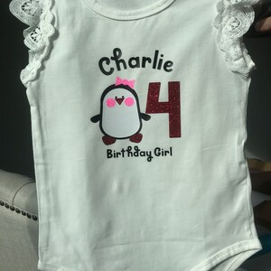 Girl&#39;s Penguin Birthday Onesie - 4th Birthday Shirt - Glitter Penguin Onesie - Personalized Birthday Onesie