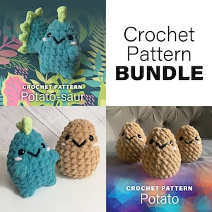 May include: Crochet pattern bundle featuring a green dinosaur and brown potato characters. The pattern is called "Potato-saur" and "Potato".