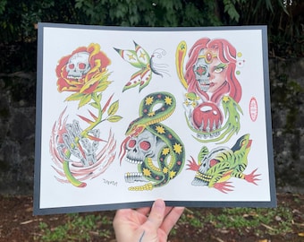 Skeleton Inside Hand Painted 11x14" Tattoo Flash Print