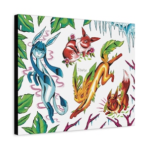 Eeveelution Glaceon Eevee Leafeon Stretched Canvas 16x20"