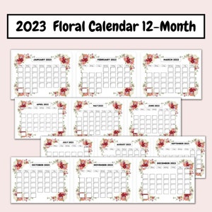 Printable Calendar, 2023, Dated, 12 month, floral, Fillable, fun, Digital Download, wall, calendar, class calendar, desk, roses, spring