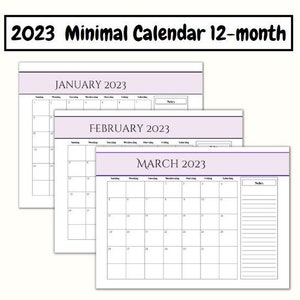 Printable Calendar, 2023, Dated, 12 month, Fillable, simple, Digital Download, wall, class calendar, desk, minimal, lilac, notes
