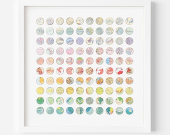 Original Collage Artwork, 3D dots wall Art, 100 Map Rainbow Dots, Geometric art, 3d paper & wood panel collage, Abstract paper wall art