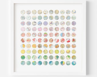 Original Collage Artwork, 3D dots wall Art, 100 Map Rainbow Dots, Geometric art, 3d paper & wood panel collage, Abstract paper wall art