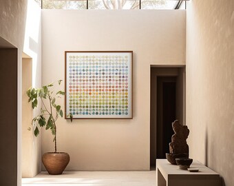May include: A modern hallway with a light brown tiled floor, a potted plant, and a framed artwork with a colorful geometric pattern. The artwork is hanging on a light beige wall. A wooden bench with a stone sculpture and bowls sits on the right side of the hallway.