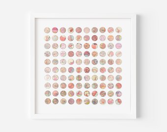 Original Wall Art, 100 Pink World Map Dots Artwork, 3d Mixed Media Paper Wood Collage, Spots geometric wall art, Minimal Home Decor Gift