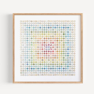 Può includere: Un'opera d'arte incorniciata che presenta una griglia di cerchi colorati, ognuno realizzato con una mappa diversa. I cerchi sono disposti in un motivo sfumato, con il centro della griglia che è il più vibrante e i bordi che sfumano in un blu più chiaro.