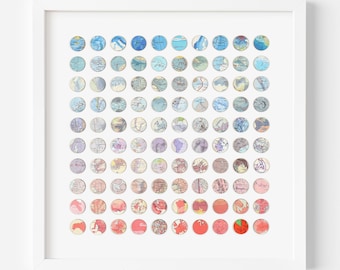 Original Red and Turquoise Map Dot Artwork, 100 Map Ombre Dots Original Collage, 3d paper and wood panel collage, Geometric Wall Art