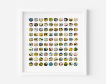 Original 3D Wall Art, Dot Collage Artwork Geometric landscape, Sky and Clouds Vintage Encyclopedia Book Artwork, Paper and Wood Collage