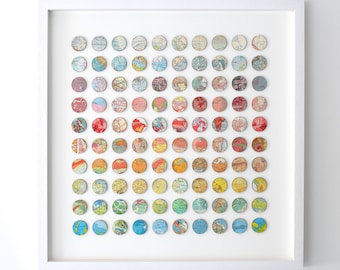 Original wall Art 100 Map Rainbow Dots original artwork - 3d paper and wood panel collage - Abstract geometric wall art