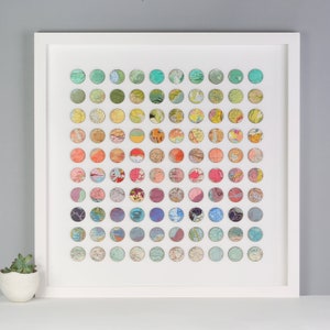 Original Collage Artwork, 3D dots wall Art, 100 Map Rainbow Dots, Geometric art, 3d paper & wood panel collage, Abstract paper wall art