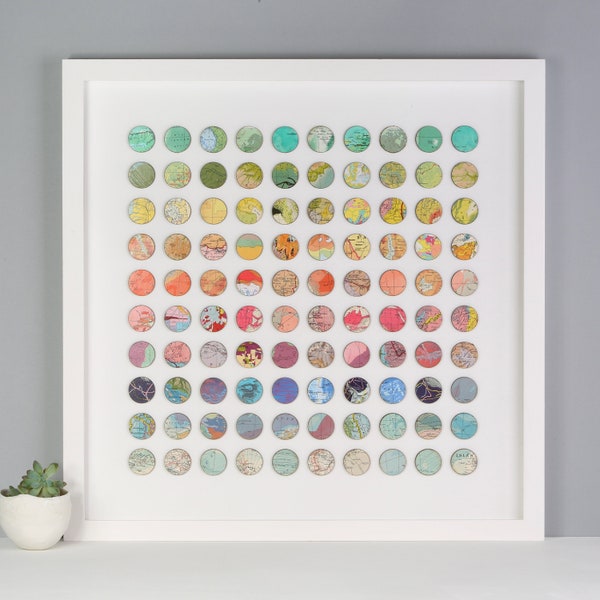 Original wall Art 100 Map Rainbow Dots original artwork - 3d paper and wood panel collage - Abstract geometric wall art