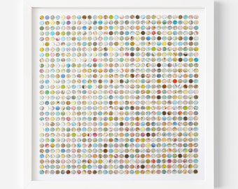 May include: A white framed artwork featuring a grid of small, colorful circles. Each circle is filled with a different map pattern, creating a unique and abstract design.