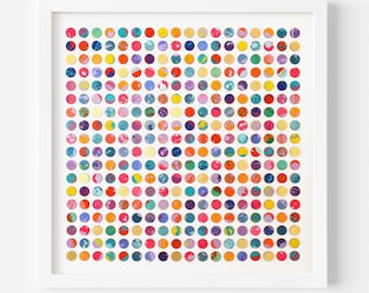 May include: A framed artwork featuring a grid of colorful circles, each with a unique pattern and texture. The circles are arranged in a grid pattern, creating a visually appealing and abstract design.