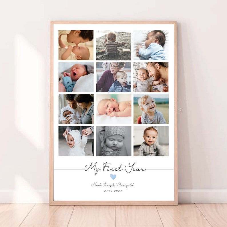 May include: A framed collage of twelve baby photos, arranged in a grid. The words "My First Year" are written below the photos, along with a name and date. The frame is a light brown colour.