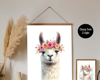 Decorazione murale per cameretta con lama, stampa murale con alpaca, decorazione boho per cameretta, corona floreale con lama, stampa con simpatici animali per cameretta, decorazione murale per cameretta delle bambine
