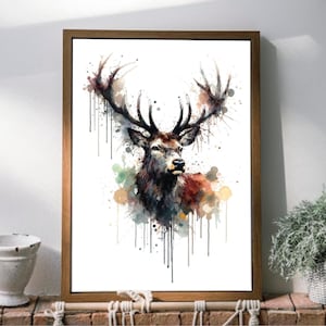 Watercolor Stag Print | Deer Wall Art | Rustic Farmhouse Style Decor | woodland  Animal Artwork | A5 A4 A3 | Countrycore Nature lover gift