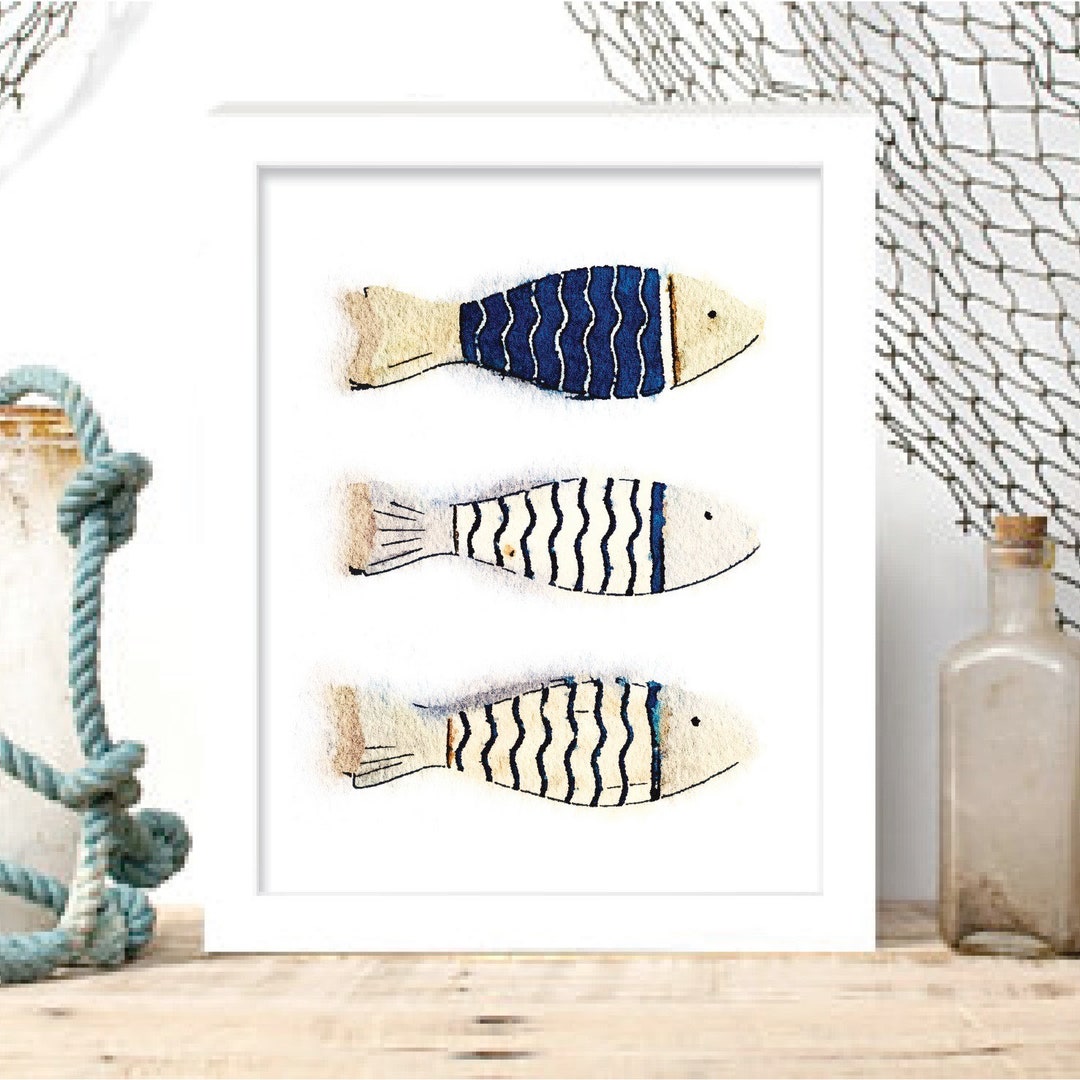 Nautical Fish Print. Bathroom Wall Art. Coastal Home Decor. Navy Blue ...