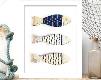 Nautical fish print. Bathroom wall art. Coastal home decor. Navy blue fish illustrations. Stripes. Beach house interior Seaside, sea life.