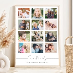 Puede incluir: Una impresión enmarcada con un collage de fotos familiares. La impresión incluye doce imágenes individuales dispuestas en una cuadrícula, con las palabras "Our Family" y nombres debajo. El marco es de color claro y las fotos muestran a varios miembros de la familia.