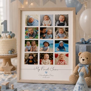 May include: A rectangular wooden frame containing a photo collage of a baby's first year. The print features twelve individual photographs of a child, the text My First Year, the name Christopher Owen, and the date 27.09.2025 in a clean font.