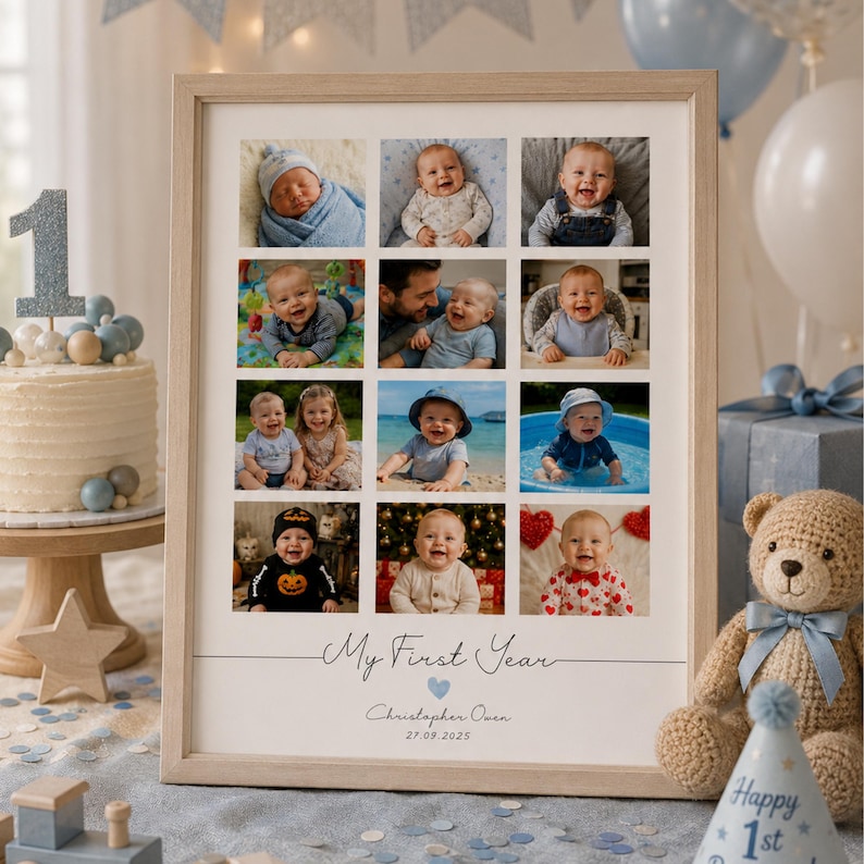 May include: A rectangular wooden frame containing a photo collage of a baby's first year. The print features twelve individual photographs of a child, the text My First Year, the name Christopher Owen, and the date 27.09.2025 in a clean font.