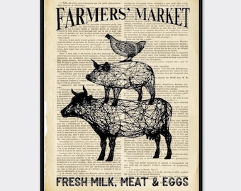 Lámina de animales de granja para la cocina, póster vintage de mercado agrícola, ilustración de vaca, cerdo y gallina, arte mural de animales, decoración de casa de campo. Fotos de cabañas.