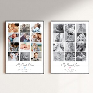 May include: Two framed photo collages, each with a grid of baby photos. One collage is in colour, the other in black and white. Text at the bottom reads "My First Year" with a name and date.